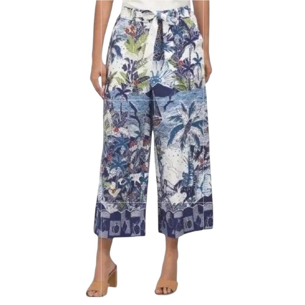 Joie | Linen Blended Cropped Palazzo Tropical Print Belted Pants, Size 4